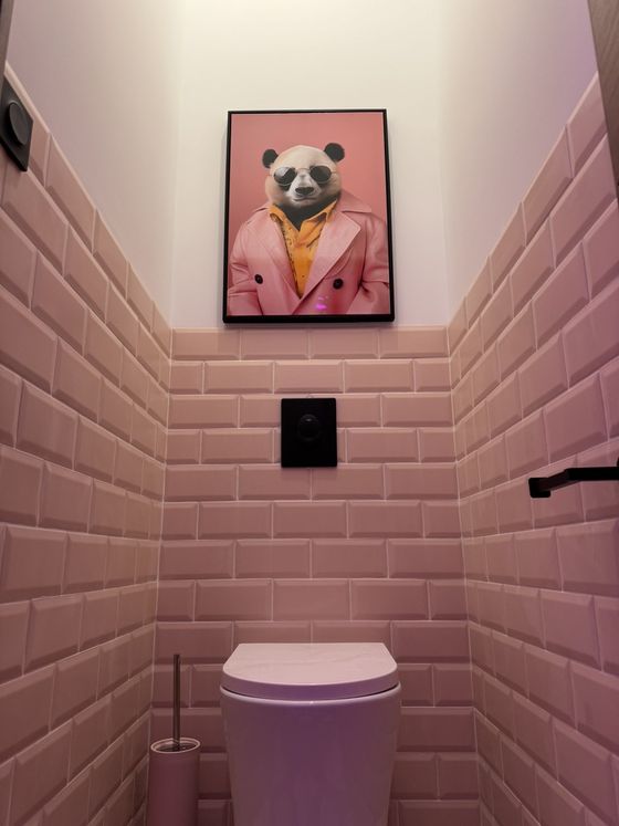 Wellness Spa : toilettes, carrelage rose et tableau panda